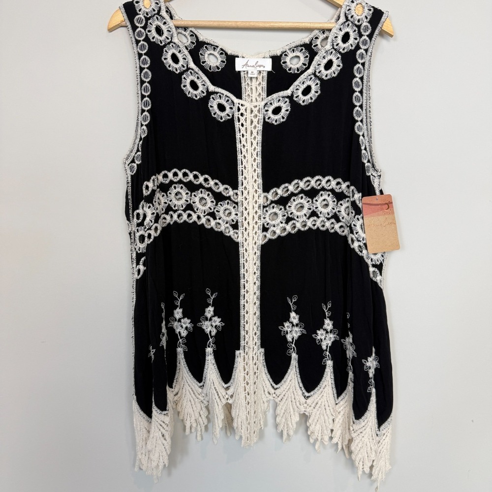 Anneliese Crochet Lace Sleeveless Top Womens M Black‎ Cream Embroidered Fringe